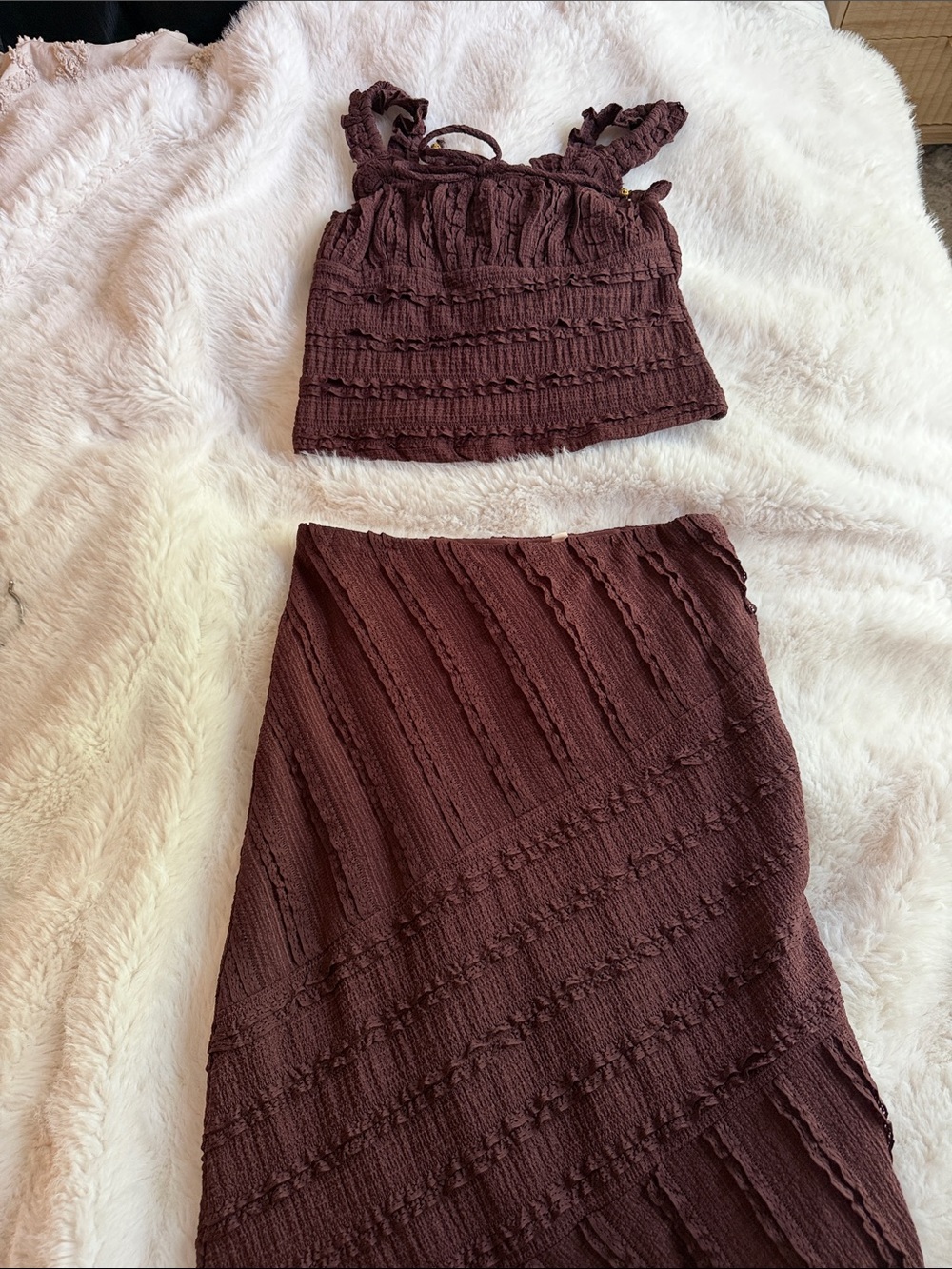 Women's Brown Maxi Dress Set – Textured Two-Piece Maxi